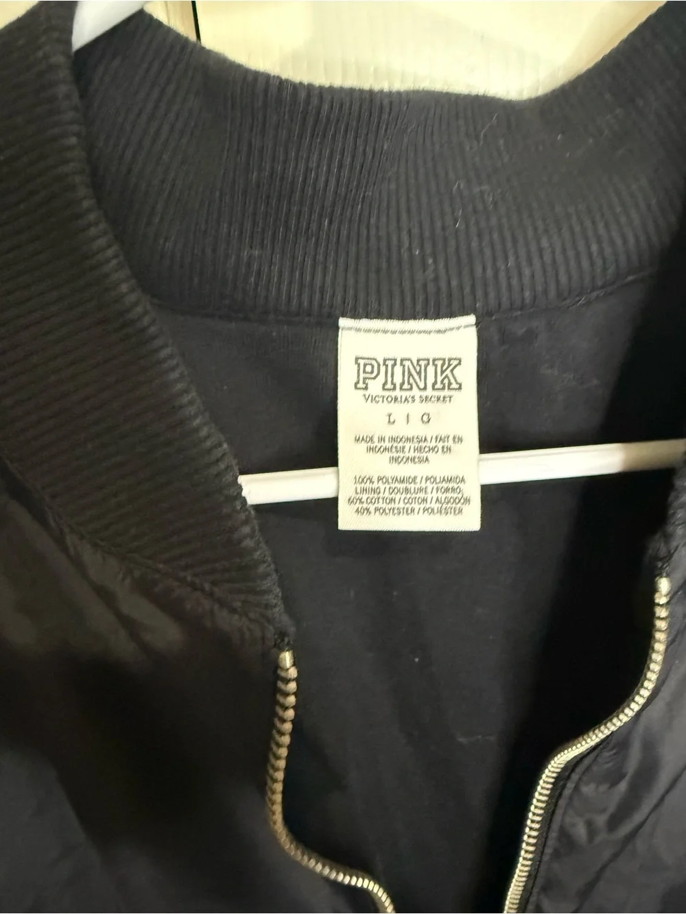 PINK Victoria’s Secret Black Bomber Jacket Large Y2K Spell Out Logo - Picture 3 of 4